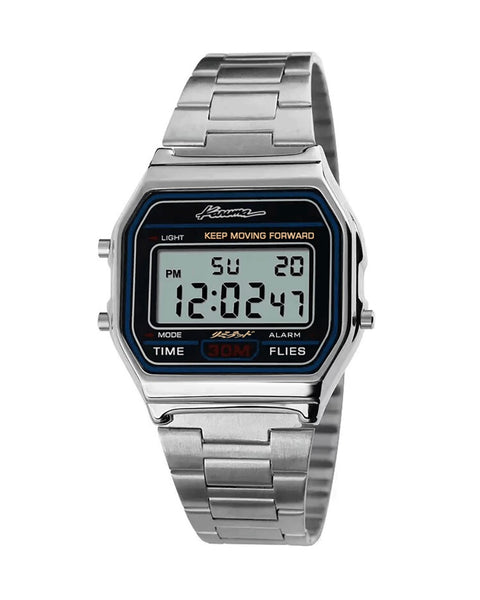 Casio vintage digital watch with karuma official script, Japanese reads: limited. “Keep Moving Forward” and “Time Flies” quotes on the face. 